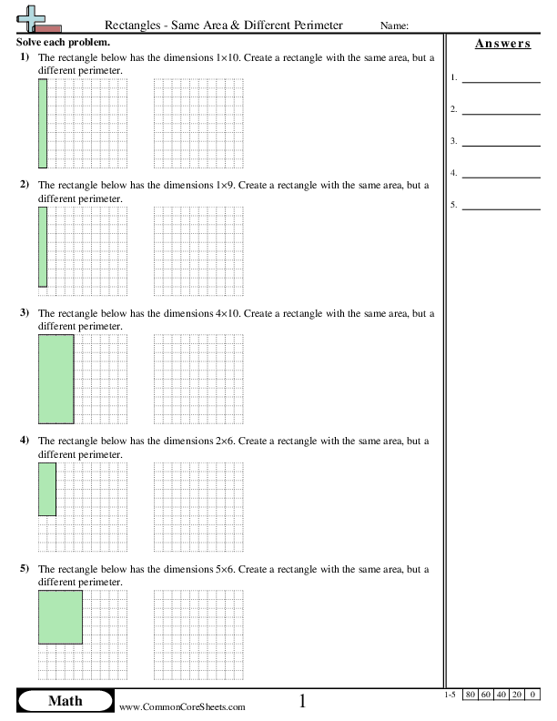 3.md.8 Worksheets - Rectangles - Same Area & Different Perimeter worksheet